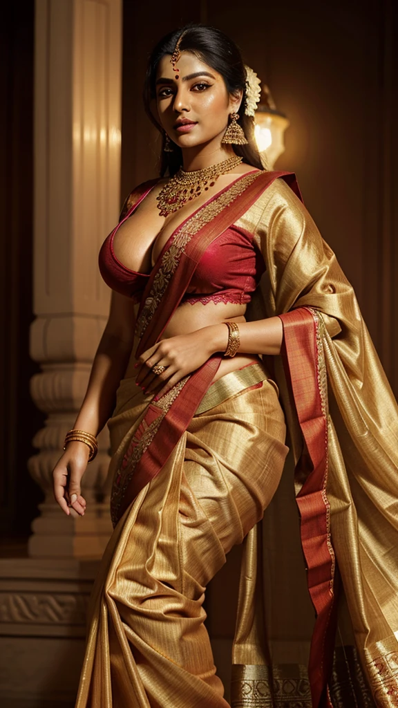 (Best quality, Ultra high-definition, Golden ratio, Masterpiece: 1.1), Rich and romantic ambiance: 0.8, Photo of a captivating Telugu woman adorned elegantly in a traditional saree, (Highly detailed skin), voluptuous figure with ample breasts and curvaceous hips, (Big , big ass, 0.8), classical South Indian beauty, (Saree: 1.3), intricate saree design, exquisite pallu, contrasting border, heavily embroidered body-hugging blouse, sparkling jewelry, bright vermilion bindi, dark kajal-lined eyes