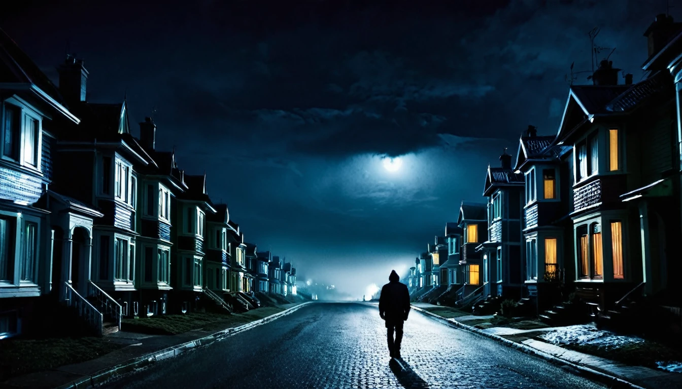 man walking, street full of houses, ominous night