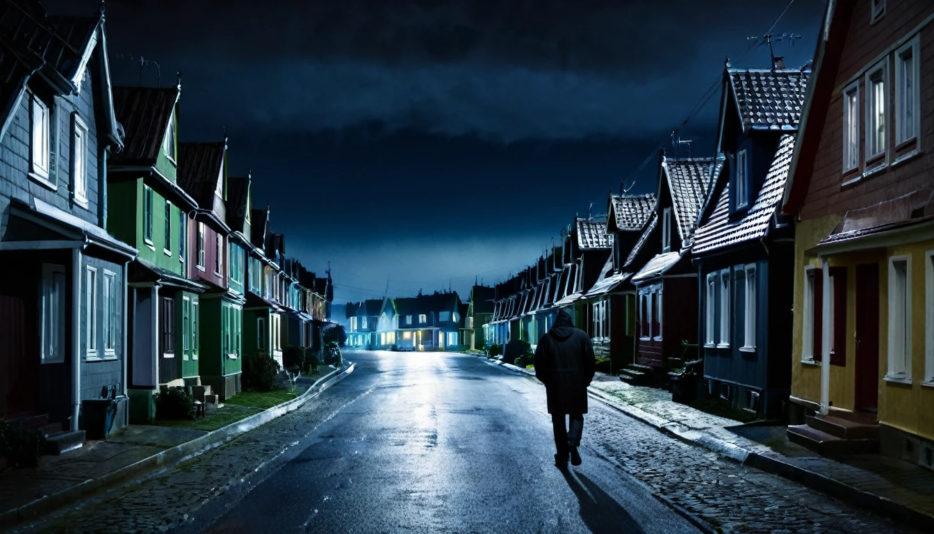 man walking, street full of houses, ominous night