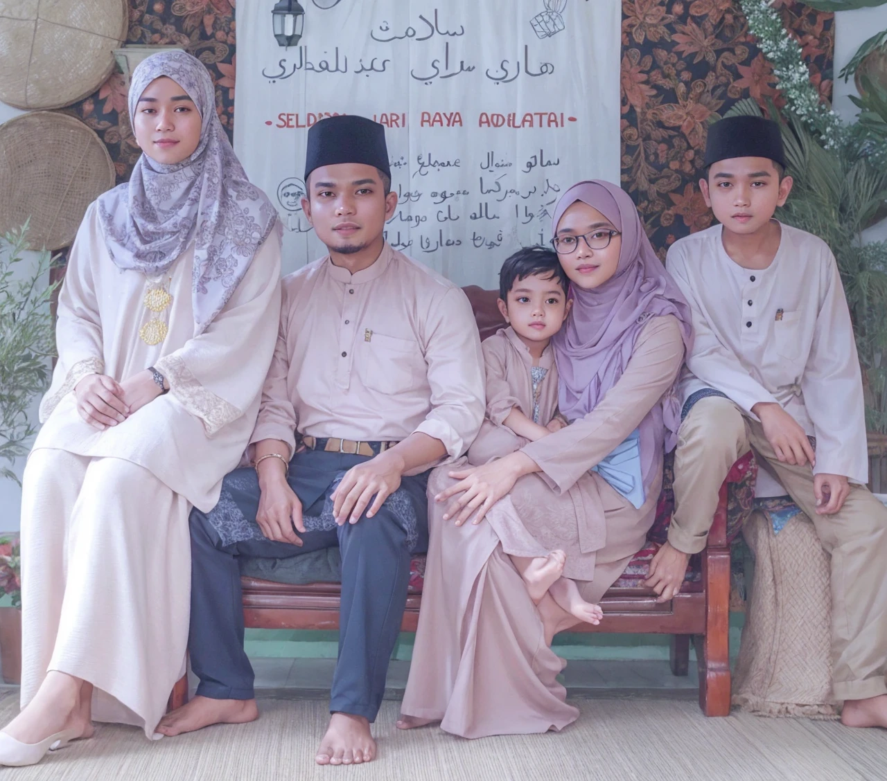 Malay men and wife with hijab with eye glass. One old daughter. Second boys and third girl
