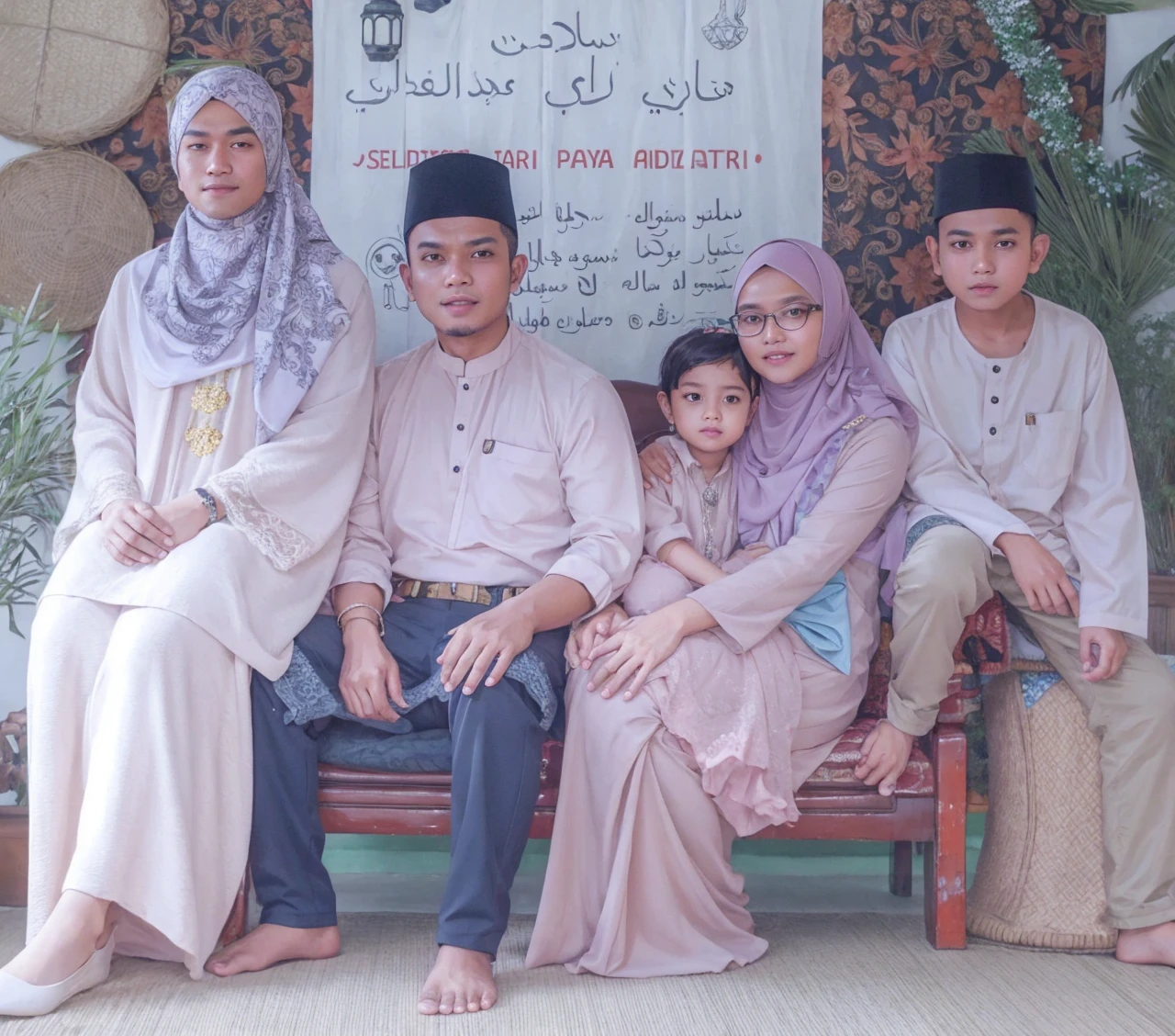 Malay men and wife with hijab with eye glass. One old daughter. Second boys and third girl
