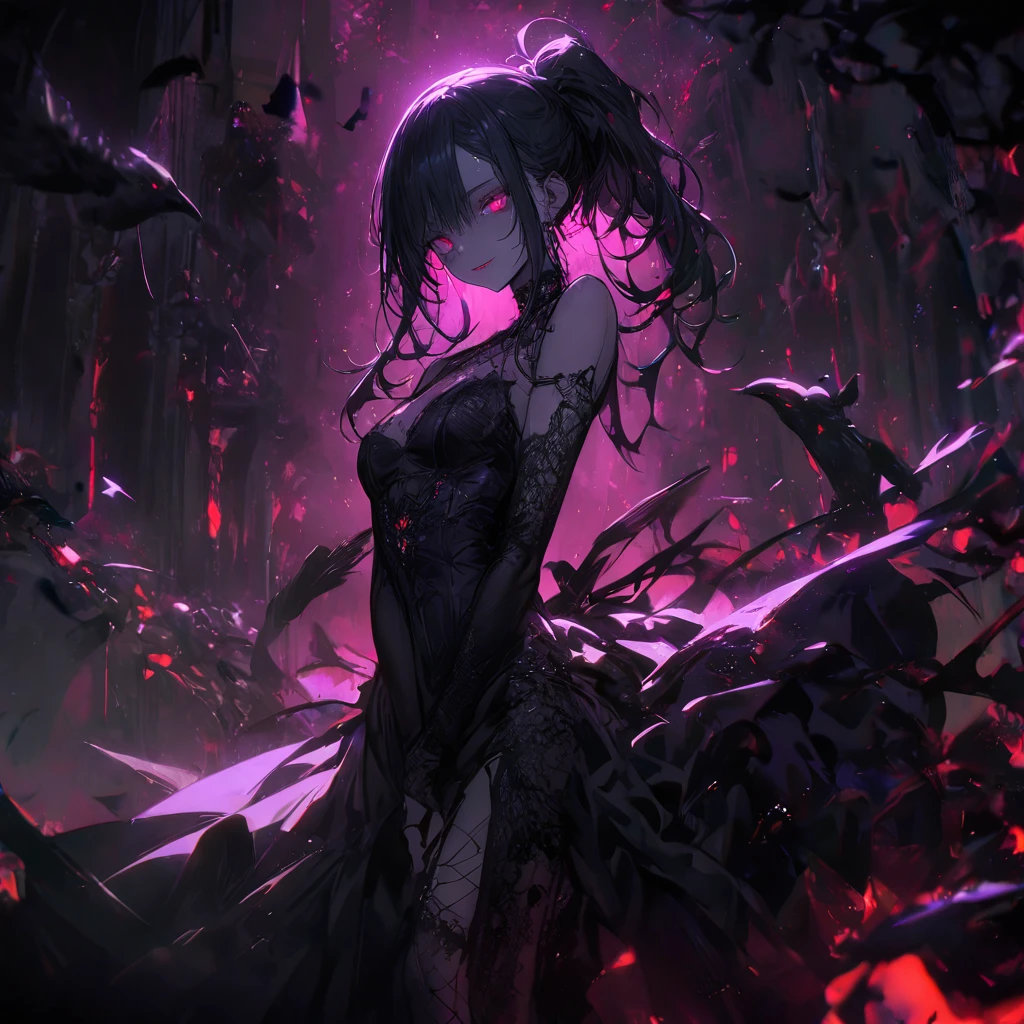 (dark atmosphere,gothic fashion,bright colors),(best quality,Super exquisite,),Sexy goth Vampire girl,In the rose garden at night,Beautiful and delicate eyes,Straight black ponytail with blue tips,Crow feathers,red lipstick,mysterious smile,Pale complexion,fishnet stockings,black lace dress,Pointed-toe bootysterious aura,The moonlight illuminates her elegant silhouette,Soft shadows and soft highlights,Contrasting colors create a vibrant atmosphere,dark and moody color palette,Subtle yet dramatic lighting effects,Sublime darkness intertwined with exquisite moonlight, She's tall and mature