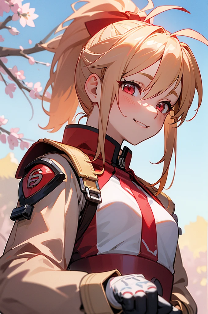 (highest quality、Super detailed、reality)、Energetic girl、high school girl、small breasts、Red Riders Jacket、blonde、red eyes、ponytail、Ahoge、From the side、gloves、bright smile、stand in front of a street tree、Upper body close-up、Sakura Park、sharp outline
