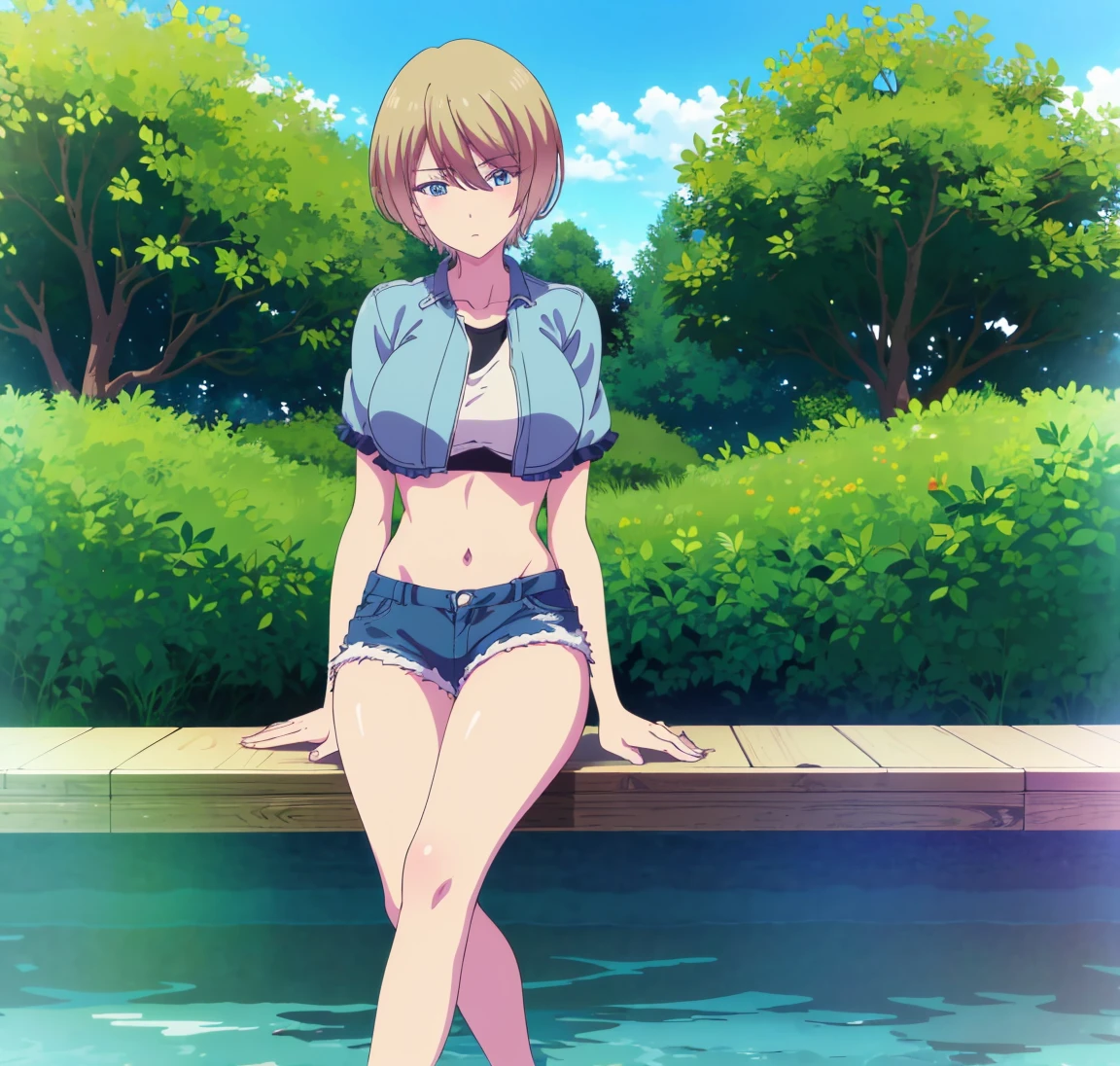 masterpiece, best quality, highres, akane hououji,full body,1girl, solo, short hair, blonde hair, blue eyes, , crop top, denim jacket, shorts, midriff, underboob,high heels,crossed legs, sitting, big breasts, medium waist, wide hips, medium thighs, good anatomy, good hands