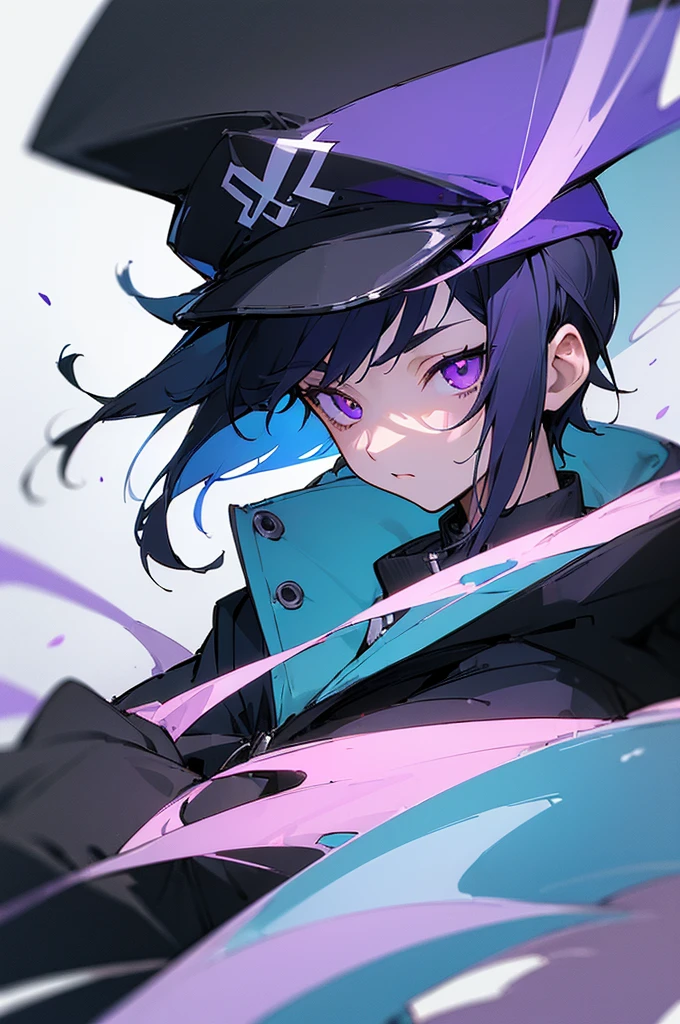 [(WHITE BACKGROUND:1.5),::5], ((((masterpiece)))), high quality, ultra very high resolution, full color, (((solo))), ((little boy)), black hair, ((blue colored inner hair)), ((purple eyes)), anime, upper body, neon light, black parka, upper body,
