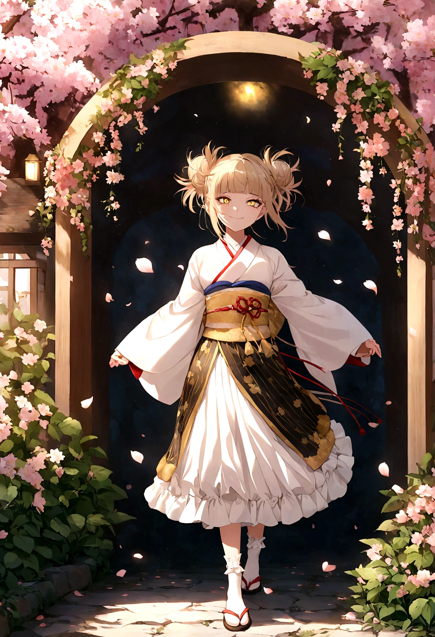 "An anime-style digital art of Toga Himiko and Twice, manga and anime series *My Hero Academia*. Toga Himiko is a girl with pale blonde hair tied up in two messy buns on the sides of her head, with loose strands framing her face. She has large yellow eyes with thin pupils and a cheerful, slightly manic expression. Her wedding dress is a white traditional Japanese kimono with red and gold details, adorned with sakura flowers. She wears wooden sandals with white socks and a. flower in his hair. Jin Bubaigawara, known as Twice, is a man with short black hair combed back. He wears a black suit with a white shirt, red tie, and black formal shoes. His face is partially covered by a white mask. He only shows his eyes and part of his mouth, showing a kind smile. They are both standing in a traditional Japanese garden full of cherry blossoms, under an arch decorated with flowers. The scene is illuminated by soft sunlight, and you can see flower petals falling around it. Anime style, high level of detail and realism, bright and cheerful colors, three-quarter perspective, focus on both characters, soft texture, and background with cherry blossom trees and a stone path."