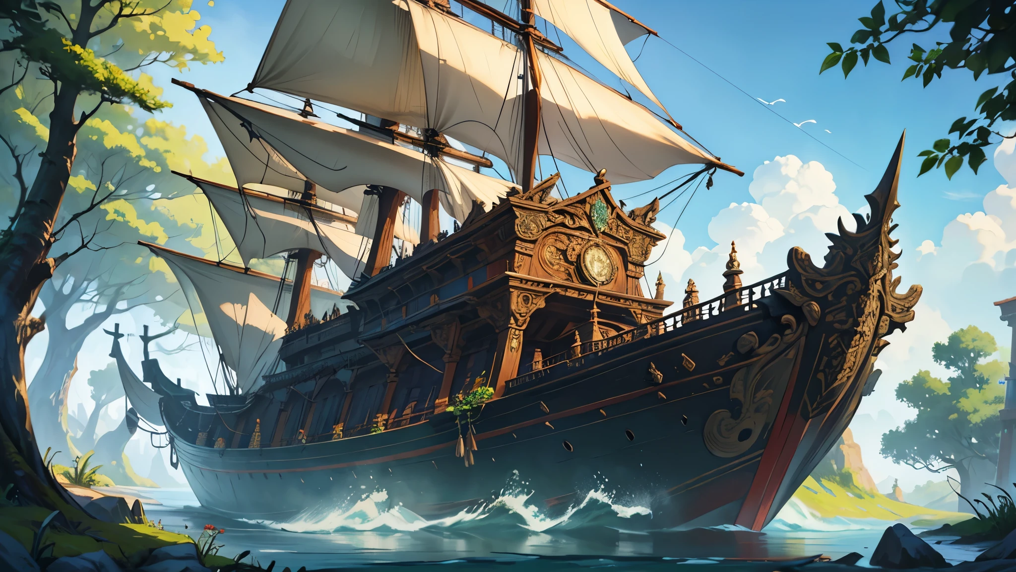 a high fantasy elven style large wooden ship with very detailed intricate carvings on it, a large lush leafy green tree growing at the front of the ship