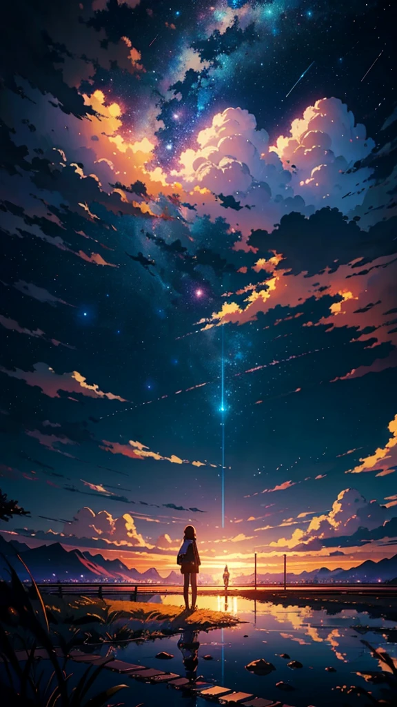 A picture of railroad tracks leading into the distance with the setting sun in the background, Heading towards the sunset, Artwork about the road to , rail, Makoto Shinkai cyril rolando, Landscape painting, Inspired by Makoto Shinkai, Twilight ; Digital Painting, dreamlike Digital Painting, Sunset Light, グジェゴシュ・ドマラツキに触発された
水中にボートがある湖のNight view, reflection. by Makoto Shinkai, Beautiful anime scene, Space Sky. by Makoto Shinkai, Makoto Shinkai. —h 2160, Dramatic lighting. Concept Art, Night sky reflected on the water, ( ( Makoto Shinkai ) ), 太陽の光をreflectionする水
星と送電線と木を持つ夜空, Moonlit Starry Sky Environment, Beautiful anime scene, Night under the stars, Night view, beautiful Anime Scenery, Anime scenery wallpaper, Anime Scenery Concept Art, Anime Background Art, Anime countryside landscape, Anime Scenery, Anime scenery, quiet night. Digital Illustration, Anime Atmosphere, Space Sky. by Makoto Shinkai