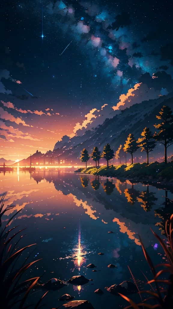 A picture of railroad tracks leading into the distance with the setting sun in the background, Heading towards the sunset, Artwork about the road to , rail, Makoto Shinkai cyril rolando, Landscape painting, Inspired by Makoto Shinkai, Twilight ; Digital Painting, dreamlike Digital Painting, Sunset Light, グジェゴシュ・ドマラツキに触発された
水中にボートがある湖のNight view, reflection. by Makoto Shinkai, Beautiful anime scene, Space Sky. by Makoto Shinkai, Makoto Shinkai. —h 2160, Dramatic lighting. Concept Art, Night sky reflected on the water, ( ( Makoto Shinkai ) ), 太陽の光をreflectionする水
星と送電線と木を持つ夜空, Moonlit Starry Sky Environment, Beautiful anime scene, Night under the stars, Night view, beautiful Anime Scenery, Anime scenery wallpaper, Anime Scenery Concept Art, Anime Background Art, Anime countryside landscape, Anime Scenery, Anime scenery, quiet night. Digital Illustration, Anime Atmosphere, Space Sky. by Makoto Shinkai