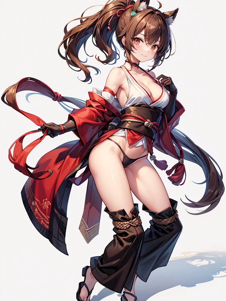 Best _ quality, masterpiece,
One girl, alone, chest, Shiranui_ May, brown _ hair, big _ chest, brown _ eyes, looking _ and _ viewer, ponytail, cleavage of chest, ninja, smile, pelvis _Curtain, Length_Hair, Japanese _ Clothes _ Clearance _ Clothes, White_Background, Simple _ Background, Clavicle, Full _ Body, T high s, Bangs, Closed _ Mouth, Arm _ Above _Shoulders, shadows, ropes, gloves, sleeveless, expensive _ pony