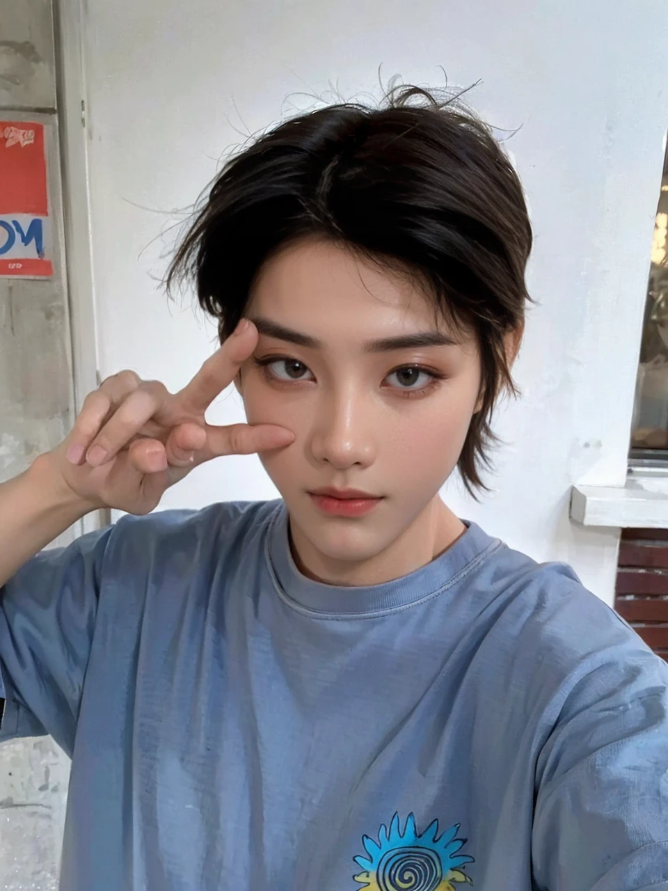 ​masterpiece、（top-quality)、((high-level image quality))、One Manly Boy、Slim body、((White Y-shirt and long black pants))、(Detailed beautiful eyes)、Stylish homeroom、Take a selfie while sitting with your back to the wall、Face similar to Chaewon in Ruseraphim、((short hair above the ears))、((Smaller face))、((Neutral face))、((Light brown eyes))、((Korean boy))、((18year old))、((Handsome man))、((Wild look))、((Korean Makeup))、((elongated and sharp eyes))、((selfy))、((Shot close to the face))、((Close-range shooting))