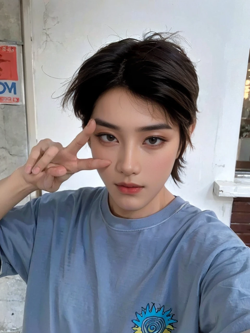 masterpiece、(top-quality)、((high-level image quality))、One Manly Boy、Slim body、((White Y-shirt and long black pants))、(Detailed beautiful eyes)、Stylish homeroom、Take a selfie while sitting with your back to the wall、Face similar to Chaewon in Ruseraphim、((short hair above the ears))、((Smaller face))、((Neutral face))、((Light brown eyes))、((Korean boy))、((18year old))、((Handsome man))、((Wild look))、((Korean Makeup))、((elongated and sharp eyes))、((selfy))、((Shot close to the face))、((Close-range shooting))