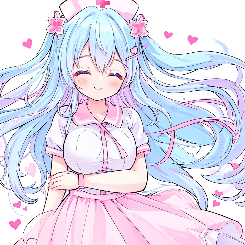 beautiful a girl wearing a pink nurse uniform and a pink nurse cap,, (highest quality,masterpiece,16K or 8K,Super detailed,gradient glitter ),(Upper body、front), background Colorful heart,  beautiful, masterpeace, highest quality、gradient hair, light blue hair, floating hair, wavy hair,fluffy hair、 Hair in the wind, pastel wreath heart-shaped hairpins with a red cross inside, Lavender colored eyes,large breast, long eyelashes, beautiful eyes, light smile, bright pupils, (a girl closed her eyes and opens her mouth and smiles happily.),digital illustration, highest quality,High resolution,  romantic academia, romantic atmosphere, fantasy, white background, happy, laughing,