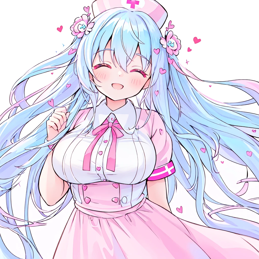 beautiful a girl wearing a pink nurse uniform and a pink nurse cap,, (highest quality,masterpiece,16K or 8K,Super detailed,gradient glitter ),(Upper body、front), background Colorful heart, beautiful, masterpeace, highest quality、gradient hair, light blue hair, floating hair, wavy hair,fluffy hair、 Hair in the wind, pastel wreath heart-shaped hairpins with a red cross inside, Lavender colored eyes,large breast, long eyelashes, beautiful eyes, light smile, bright pupils, (a girl closed her eyes and opens her mouth and smiles happily.),digital illustration, highest quality,High resolution, romantic academia, romantic atmosphere, fantasy, white background, happy, laughing,