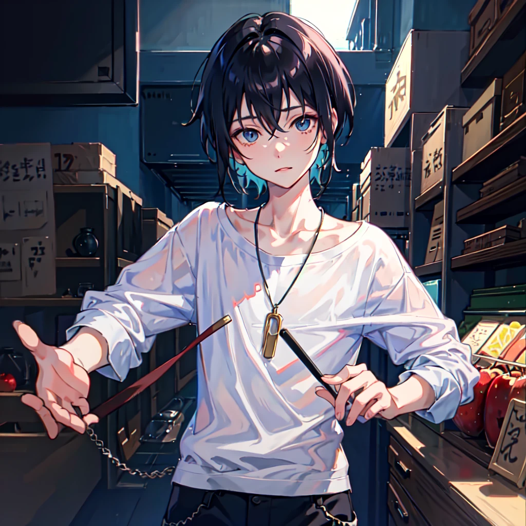 1boy, apple, bag, bangs, berry, black hair, black shirt, blue eyes, hair between eyes, jewelry, leaf, looking at viewer, male focus, necklace, pants, shirt, solo, watch, white pants, wristwatch, messy hair, trending on artstation, 8k resolution, highly detailed, anatomically correct, sharp image, digital painting, concept art, trending on pixiv, style of makoto shinkai,
