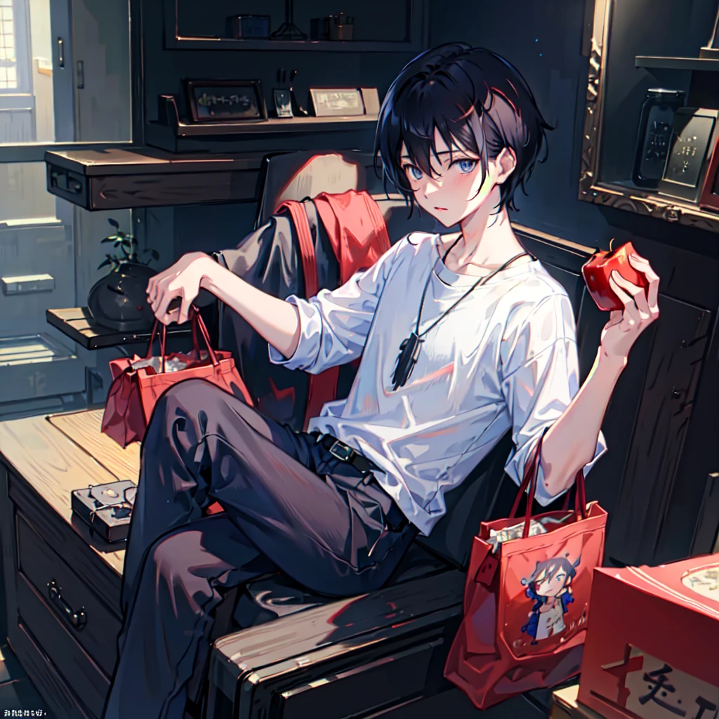 1boy, apple, bag, bangs, berry, black hair, black shirt, blue eyes, hair between eyes, jewelry, leaf, looking at viewer, male focus, necklace, pants, shirt, solo, watch, white pants, wristwatch, messy hair, trending on artstation, 8k resolution, highly detailed, anatomically correct, sharp image, digital painting, concept art, trending on pixiv, style of makoto shinkai,