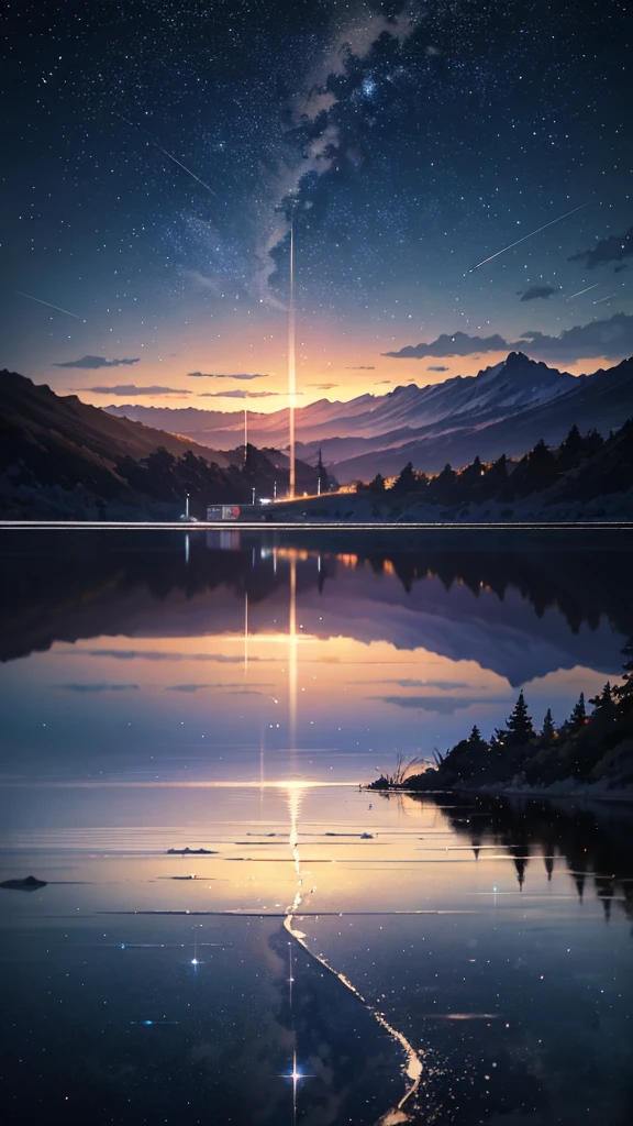 High quality masterpiece, landscape, Animated train passing through water on the tracks, Bright starry sky. Romantic Train, Pixiv, Concept Art, Lofi Art style, reflection. by makoto shinkai, Lofi Art, Beautiful anime scene, Anime landscape, 詳細なlandscape —幅672, in Makoto Shinkai&#39;s Style, Makoto Shinkai&#39;s Style, Enhanced Details.