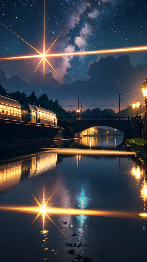 High quality masterpiece, landscape, Animated train passing through water on the tracks, Bright starry sky. Romantic Train, Pixiv, Concept Art, Lofi Art style, reflection. by makoto shinkai, Lofi Art, Beautiful anime scene, Anime landscape, 詳細なlandscape —幅672, in Makoto Shinkai's Style, Makoto Shinkai's Style, Enhanced Details.