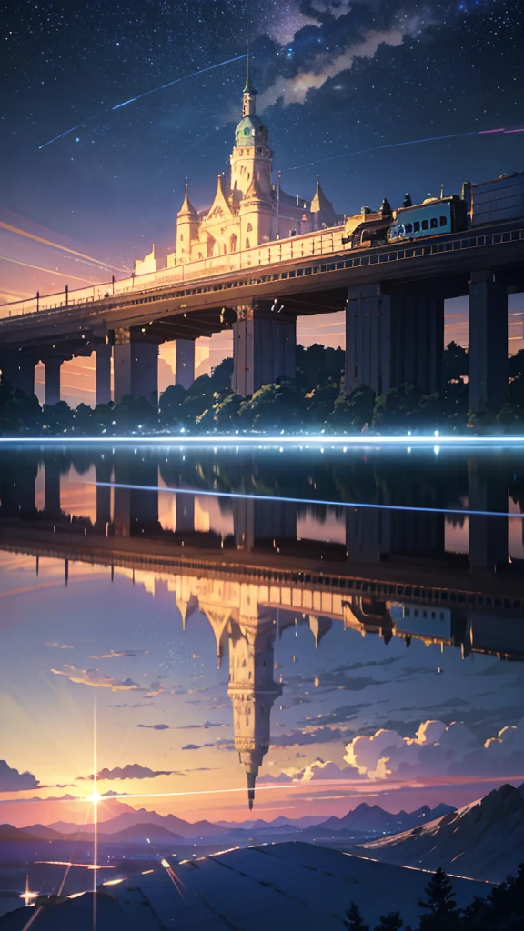 High quality masterpiece, landscape, Animated train passing through water on the tracks, Bright starry sky. Romantic Train, Pixiv, Concept Art, Lofi Art style, reflection. by makoto shinkai, Lofi Art, Beautiful anime scene, Anime landscape, 詳細なlandscape —幅672, in Makoto Shinkai&#39;s Style, Makoto Shinkai&#39;s Style, Enhanced Details.
