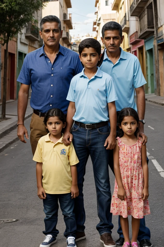 Un padre y sus dos hijos mellizos, male and female, about . El padre es alto, thin and the children too. Los 3 posan con aire de triunfo afuera de un juzgado de familia en la ciudad. Visten de terno y anteojos oscuros, as if the children were dad's lawyers, que usa un pendiente de disco negro en una oreja.