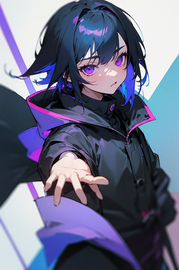 [(WHITE BACKGROUND:1.5),::5], ((((masterpiece)))), high quality, ultra very high resolution, full color, (((solo))), (()), black hair, ((blue colored inner hair)), ((purple eyes)), anime, upper body, neon light, black parka, upper body,
