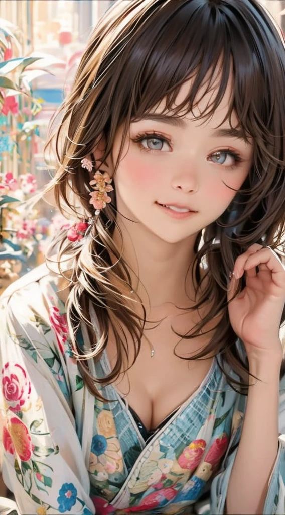 cute、Perfect Anatomy、Picturesque、sketch、texture、solo、Very detailed、(Fractal Art:1.1)、(Gentle colors:1.1)、(Floral:1.6)、Most detailed、(Zentangle:1.2)、(Dynamic pose)、(Abstract background:1.3)、(Glowing Skin)、(Many colors:0.8)、、(Earrings:1.4)、(feather:0.9)、Taisho romance,(masterpiece、highest quality、highest quality、Official Art、Beautiful and aesthetic:1.2)、
