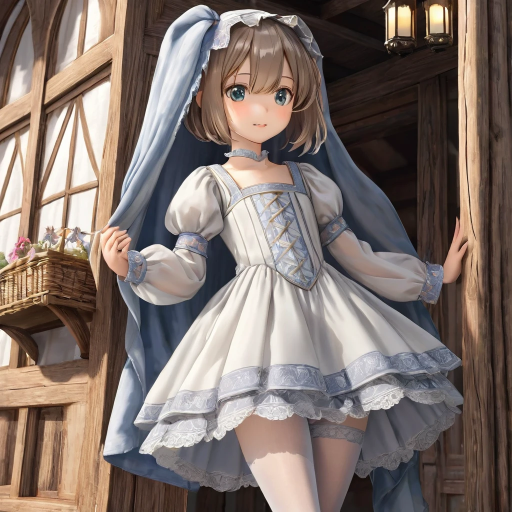 10 year old girl underwear, Realistic panties made of patterned cotton fabric, Medieval one-piece dress with panniers, Fabric Realism, Low Angle, You can see the drawer, Pull up the dress by hand, Strong winds, Translucent slip, Translucent slip, tights, highest quality, Crotch close-up, whole body
