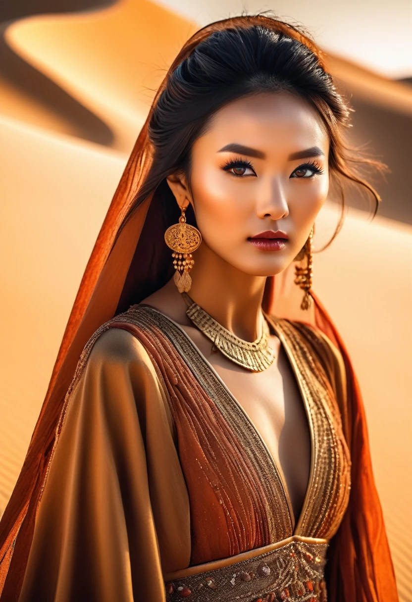 Close-up portrait shooting, Canon eos r 6 shot, (Realistic facial details), Complex and meticulous,  Very high detail, Realistic photos, 8K, Ultra HD, Ultra Detailed, (Dynamic poses:1.4),desert fantasy：Above the golden desert，A Chinese woman wearing a long fringed dress，Wearing a beaded curtain，Camel bell，Eyes firmly into the distance，Behind are rolling sand dunes，The sun sets like blood，The clouds in the sky change，A beautiful exotic scene。