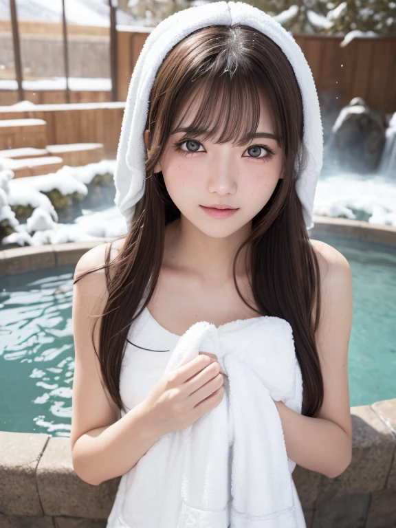 one girl, (a beauty girl, delicate girl:1.3), (24-years-old:1.3),
break, (Wrap a towel around your head:1.3),Please raise your arms high、
break, Definition of very fine particles, (Symmetrical eyes:1.3),
break, (Hot spring with snowy scenery:1.3),smile:1.1、High Angle、From above、freckles、Soak in the hot springs、
break, Small breasts, Brown eyes, Parted bangs, Brown Hair,  girl,
break, (Eye and facial details:1.0),Drooping eyes、
break, (masterpiece, highest quality, Very detailed, Detailed face, 8k)