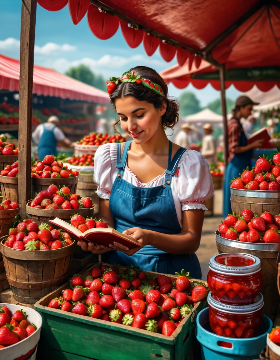 A beautiful strawberry seller woman reading a book at her strawberry stall, with buckets of strawberries, strawberries in jars, strawberry jam jars, and honey, depicted in a realistic style, with the quality of a professional human interest photograph, maximalist, and cinematic, with intricate details and vibrant colors.