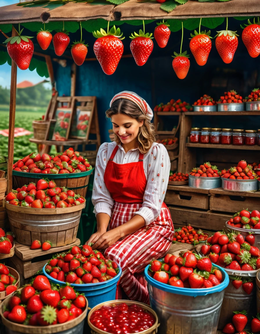 A beautiful strawberry seller woman reading a book at her strawberry stall, with buckets of strawberries, strawberries in jars, strawberry jam jars, and honey, depicted in a realistic style, with the quality of a professional human interest photograph, maximalist, and cinematic, with intricate details and vibrant colors.