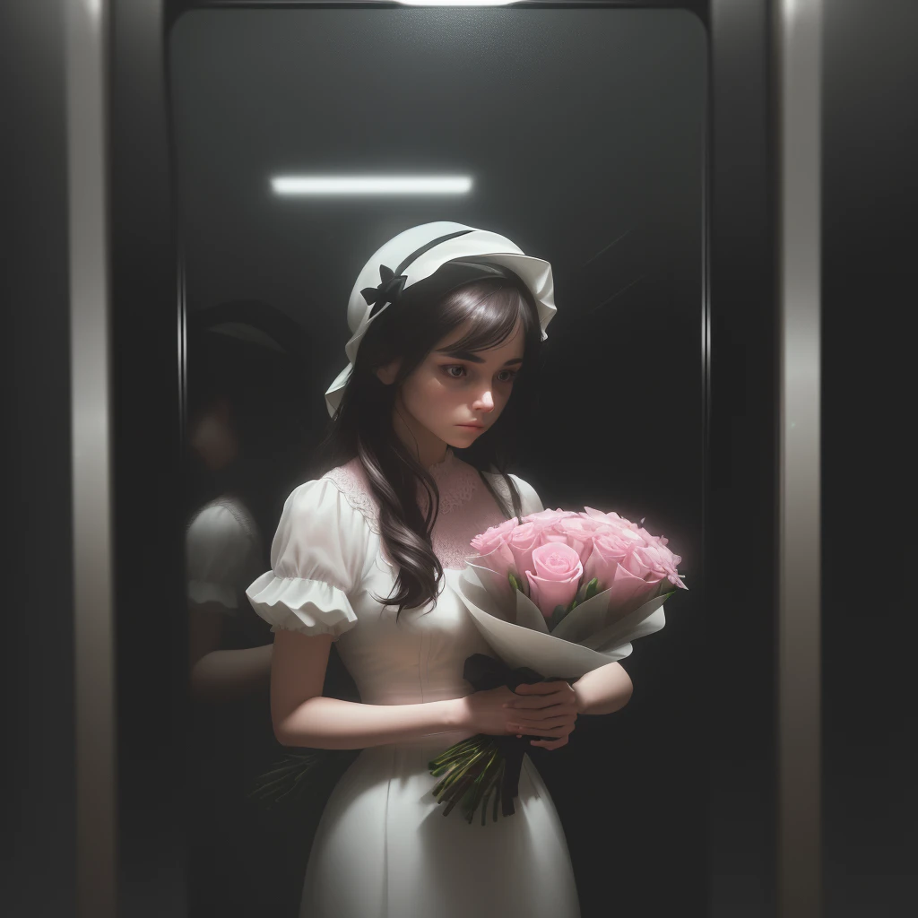 Prompt:

"Reflection of a person on a subway window, holding a bouquet of pink flowers. The person is wearing a white cap and a black outfit, partially obscured by the reflection and dim lighting. The background shows a blurred, dark subway interior, giving a moody and introspective ambiance. The bouquet is wrapped in pink paper, adding a soft, delicate contrast to the otherwise dark and muted tones of the scene."

Detailed Breakdown:

Setting: Subway window with reflection, dark interior.
Subject: Person holding a bouquet, wearing a white cap and black outfit.
Lighting: Dim, moody, emphasizing the reflective surface.
Colors: Dark tones with a pop of pink from the flowers.
Mood: Introspective, calm, and somewhat melancholic.
Use these details to guide the stable diffusion model in creating an image with a similar vibe and composition.