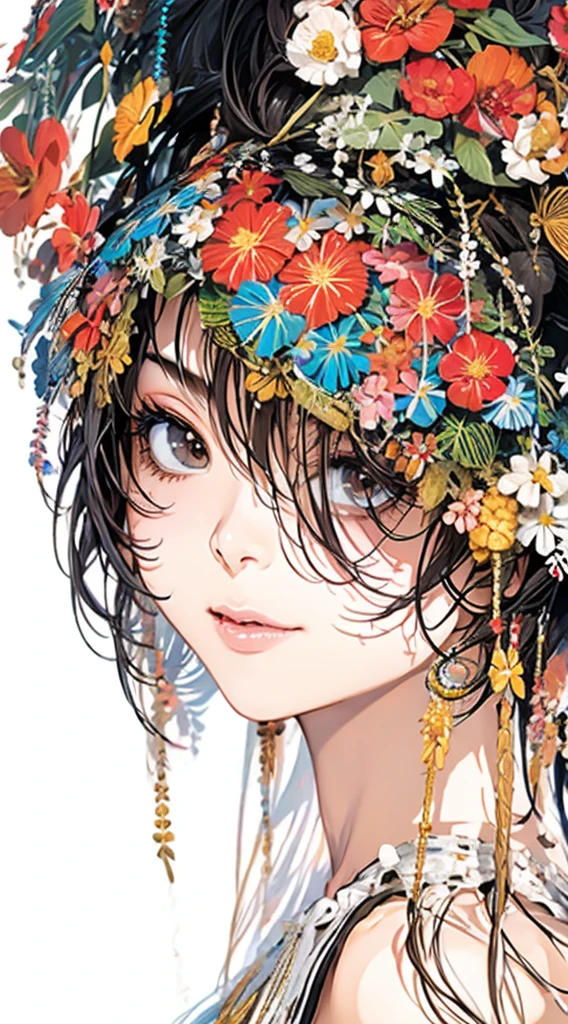 cute、Perfect Anatomy、Picturesque、sketch、texture、solo、Very detailed、(Fractal Art:1.1)、(Gentle colors:1.1)、(Floral:1.6)、Most detailed、(Zentangle:1.2)、(Dynamic pose)、(Abstract background:1.3)、(Glowing Skin)、(Many colors:0.8)、、(Earrings:1.4)、(feather:0.9)、Taisho romance,(masterpiece、highest quality、highest quality、Official Art、Beautiful and aesthetic:1.2)、