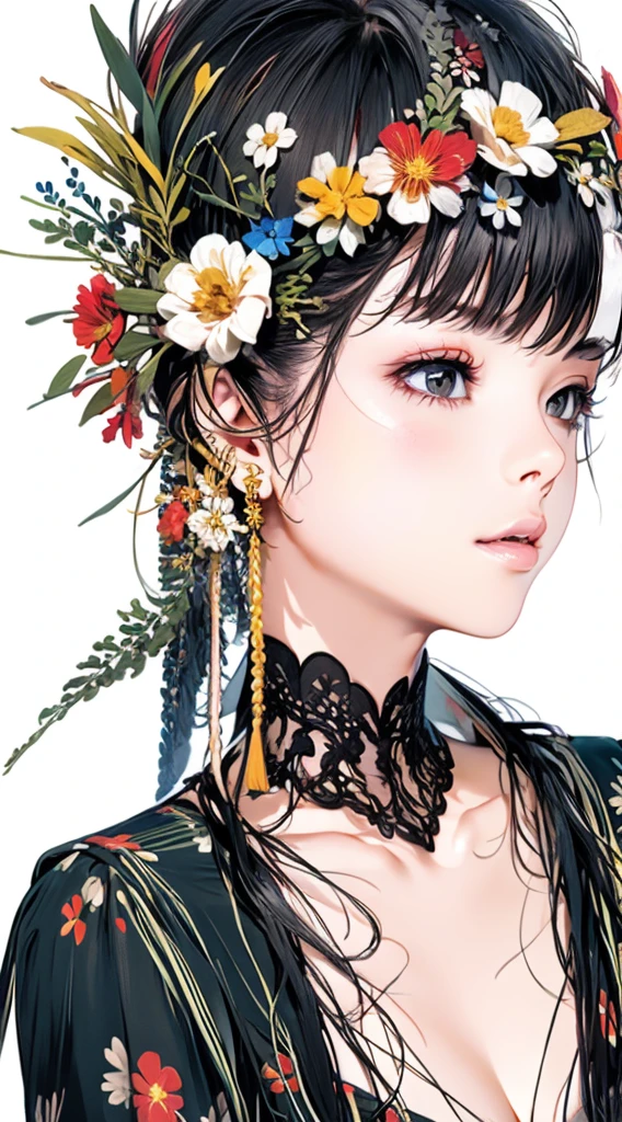 cute、Perfect Anatomy、Picturesque、sketch、texture、solo、Very detailed、(Fractal Art:1.1)、(Gentle colors:1.1)、(Floral:1.6)、Most detailed、(Zentangle:1.2)、(Dynamic pose)、(Abstract background:1.3)、(Glowing Skin)、(Many colors:0.8)、、(Earrings:1.4)、(feather:0.9)、Taisho romance,(masterpiece、highest quality、highest quality、Official Art、Beautiful and aesthetic:1.2)、