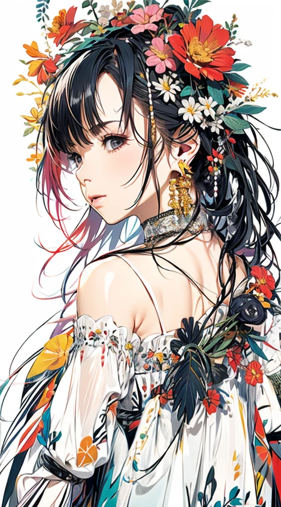 cute、Perfect Anatomy、Picturesque、sketch、texture、solo、Very detailed、(Fractal Art:1.1)、(Gentle colors:1.1)、(Floral:1.6)、Most detailed、(Zentangle:1.2)、(Dynamic pose)、(Abstract background:1.3)、(Glowing Skin)、(Many colors:0.8)、、(Earrings:1.4)、(feather:0.9)、Taisho romance,(masterpiece、highest quality、highest quality、Official Art、Beautiful and aesthetic:1.2)、