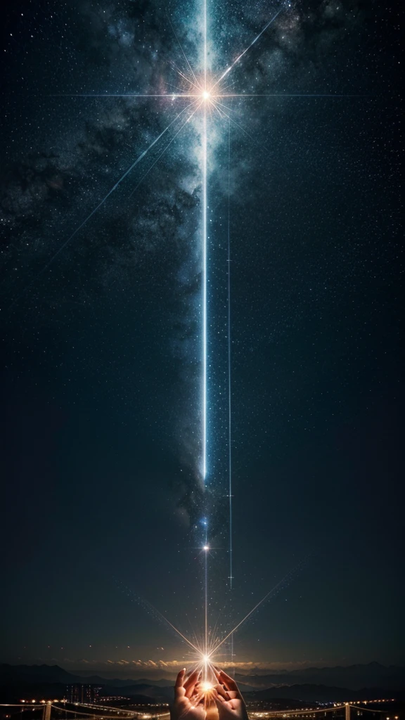"Visualize a celestial landscape where the sky and earth merge, represents the connection between God and humans. At the center of the scene, book representing the bible. Around him, Hands raised in prayer radiate energy and light, Shining a bright light towards the heavens. These beams will bridge the impossible, Connect with the twinkling stars. This image is、It represents the power of prayer as a bridge between our humanity and our divine potential.。., Show it, The path of faith, Impossibility is simply an open door."