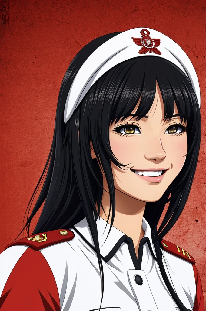 anime style illustration, chica de piel blanca, ojos rojos, cabello negro con las puntas tenidas de rojo, uniforme militar de la SS, sonrisa malvada, grandes pechos, campo de batalla de fondo