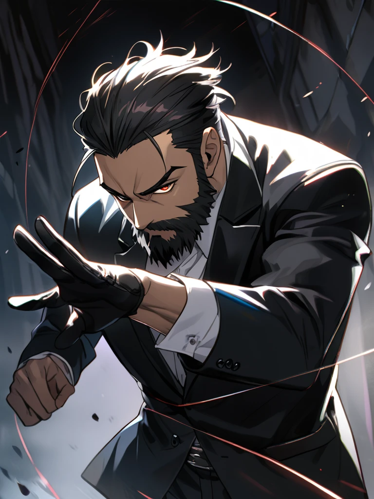 (40-year-old man with dark hair and beard)、Long sleeve black suit、BREAK,Black leather gloves that cover only the hands、BREAK,White shirt:0.7、BREAK,sharp eyes,Long black hair slicked back、(masterpiece)、(absurdres)、(ultra detailed)、athletic、half-closed eyes,serious,Thread Use、reach for the viewer、cowboy shot,dark alley background、battle motion pose,