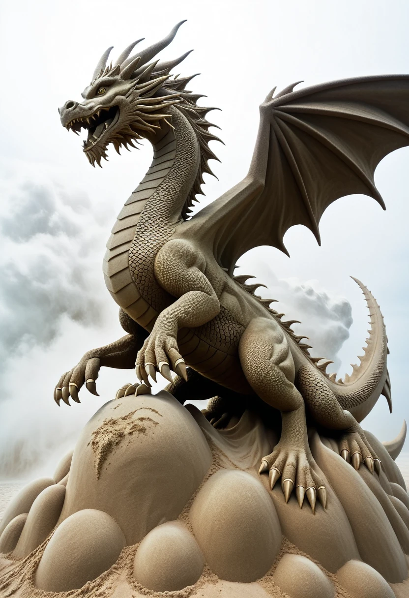 Sand sculpture style,  A giant dragon came riding on the clouds，Windswept clouds，Bubbles swirling in the air.