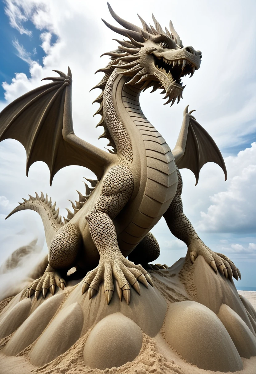 Sand sculpture style,  A giant dragon came riding on the clouds，Windswept clouds，Bubbles swirling in the air.