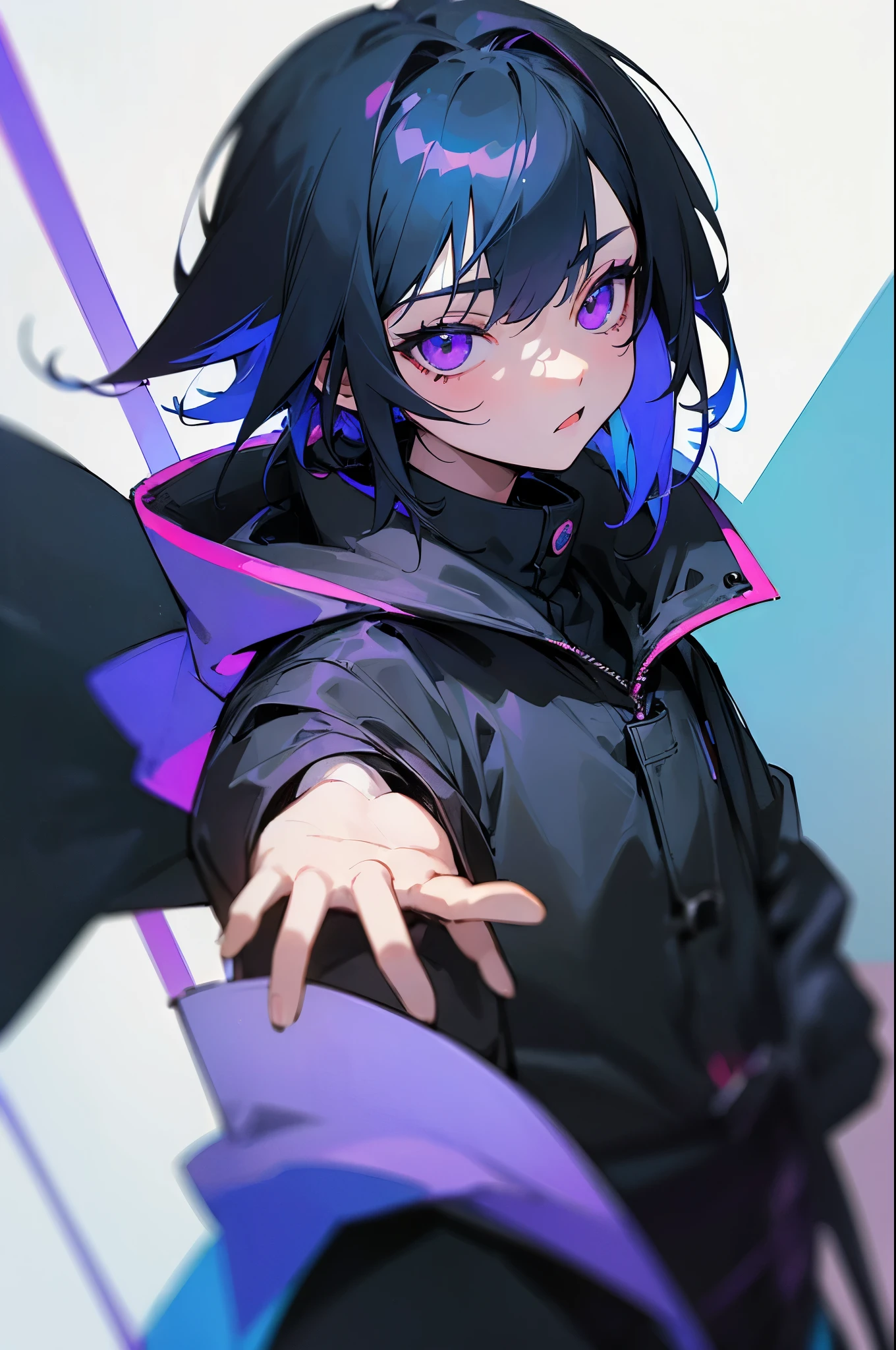 [(WHITE BACKGROUND:1.5),::5], ((((masterpiece)))), high quality, ultra very high resolution, full color, (((solo))), ((little boy)), black hair, ((blue colored inner hair)), ((purple eyes)), anime, upper body, neon light, black parka, upper body,
