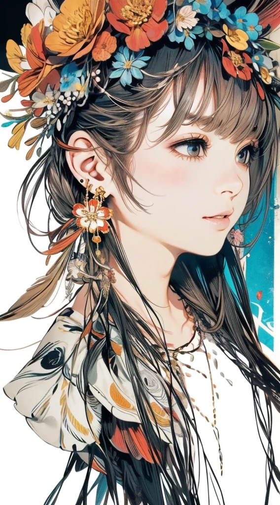 cute、Perfect Anatomy、Picturesque、sketch、texture、solo、Very detailed、(Fractal Art:1.1)、(Gentle colors:1.1)、(Floral:1.6)、Most detailed、(Zentangle:1.2)、(Dynamic pose)、(Abstract background:1.3)、(Glowing Skin)、(Many colors:0.8)、、(Earrings:1.4)、(feather:0.9)、Taisho romance,(masterpiece、highest quality、highest quality、Official Art、Beautiful and aesthetic:1.2)、