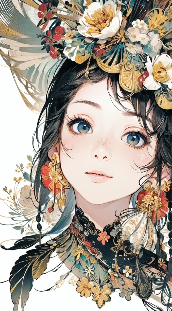cute、Perfect Anatomy、Picturesque、sketch、texture、solo、Very detailed、(Fractal Art:1.1)、(Gentle colors:1.1)、(Floral:1.6)、Most detailed、(Zentangle:1.2)、(Dynamic pose)、(Abstract background:1.3)、(Glowing Skin)、(Many colors:0.8)、、(Earrings:1.4)、(feather:0.9)、Taisho romance,(masterpiece、highest quality、highest quality、Official Art、Beautiful and aesthetic:1.2)、