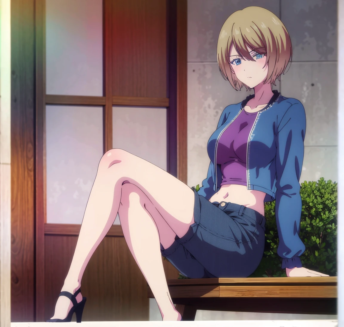 masterpiece, best quality, highres, akane hououji,full body,1girl, solo, short hair, blonde hair, blue eyes, , crop top, black denim jacket, shorts, midriff, underboob,high heels,crossed legs, sitting, big breasts, medium waist, wide hips, medium thighs, good anatomy, good hands