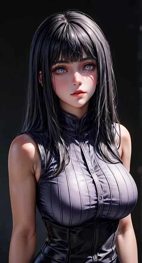 1girl, close up of face, adult, hinata hyuga, the last, shy girl, long black hair, blunt bangs, dark hair, voluminous hair, lave...