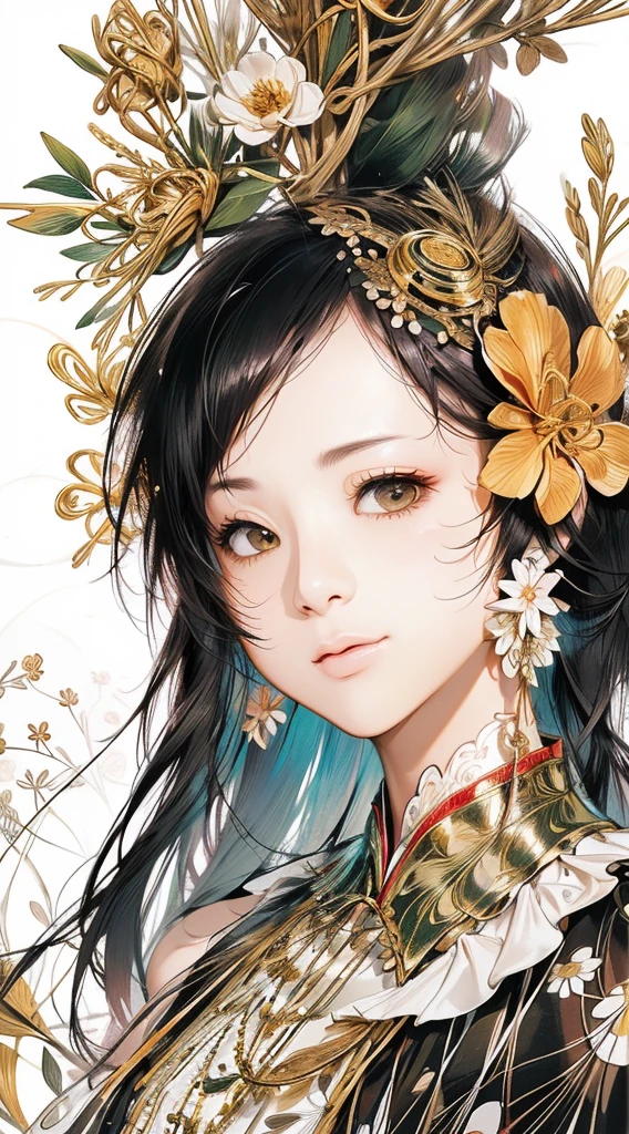 cute、Perfect Anatomy、Picturesque、sketch、texture、solo、Very detailed、(Fractal Art:1.1)、(Gentle colors:1.1)、(Floral:1.6)、Most detailed、(Zentangle:1.2)、(Dynamic pose)、(Abstract background:1.3)、(Glowing Skin)、(Many colors:0.8)、、(Earrings:1.4)、(feather:0.9)、Taisho romance,(masterpiece、highest quality、highest quality、Official Art、Beautiful and aesthetic:1.2)、