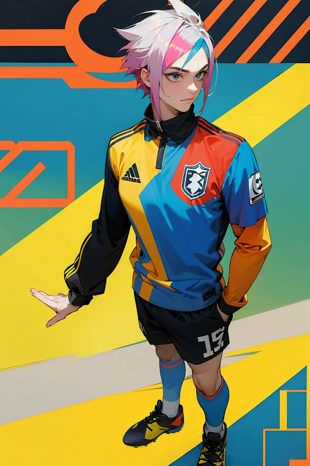 1male, soccer player, multi colored hair, straight hair, soccer jersey, soccer background, detailed background, hands to side, standing on path