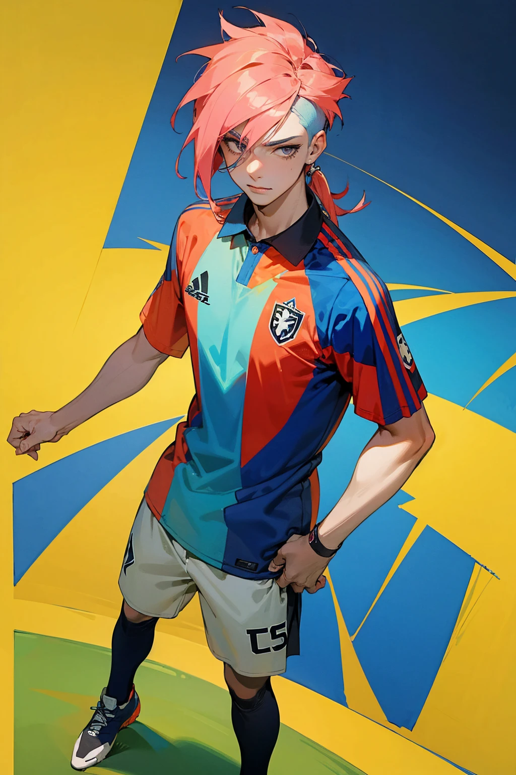 1male, soccer player, multi colored hair, straight hair, soccer jersey, soccer background, detailed background, hands to side, standing on path