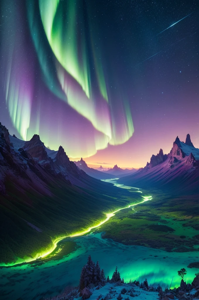 Imagine a surreal landscape from an imaginary world. The sky is painted with iridescent colors, where sunsets mix with aurora borealis in vibrant shades of purple, azul e verde. Montanhas flutuantes se erguem majestosas, com cachoeiras caindo no vazio. These mountains are adorned with luminescent vegetation, where trees and plants glow in a variety of colors.