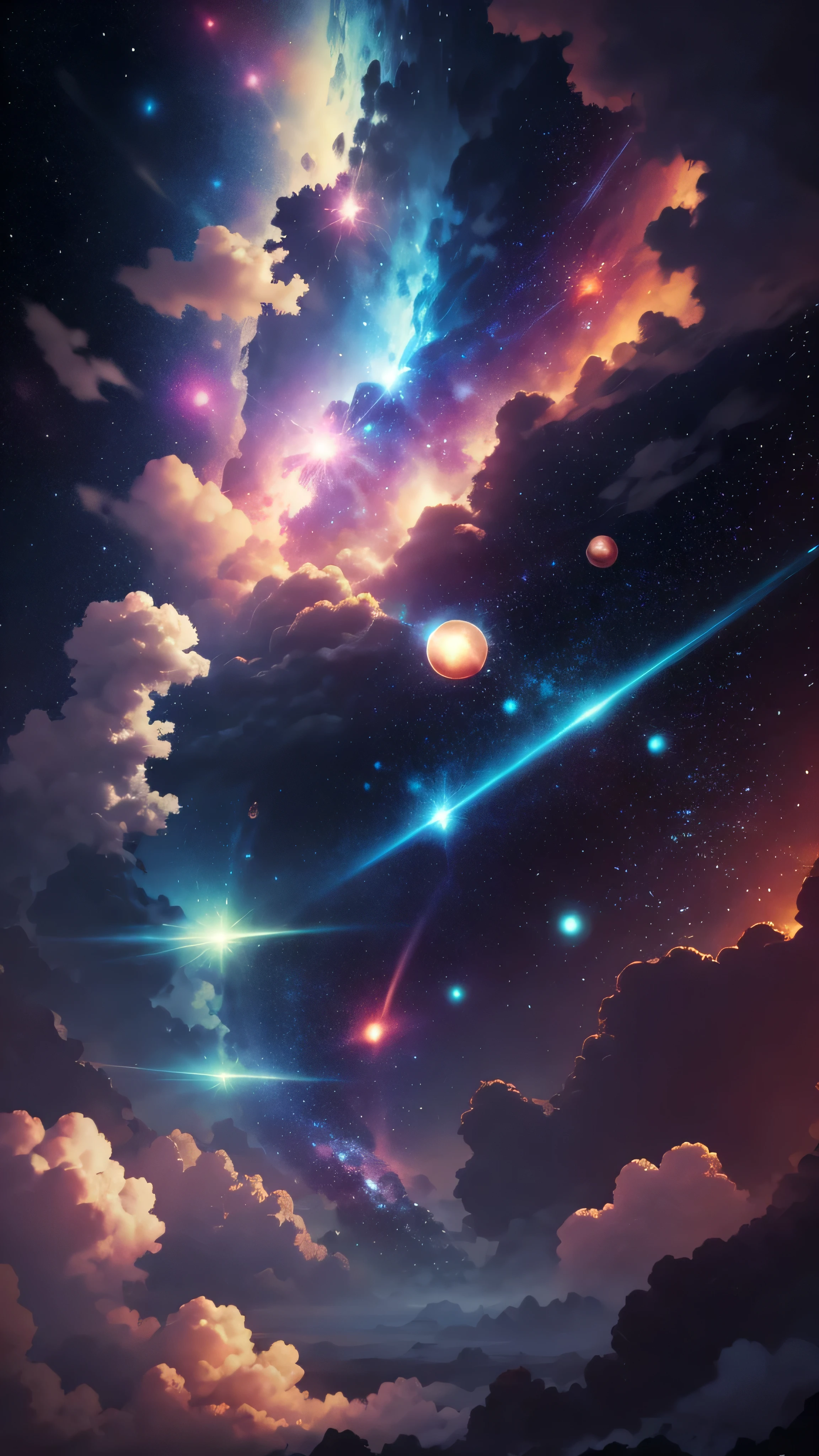 Background with bright white stars in the style of Hayao Miyazaki、A universe with all planets painted in blue and pink, — Air 21:9, 4K quality